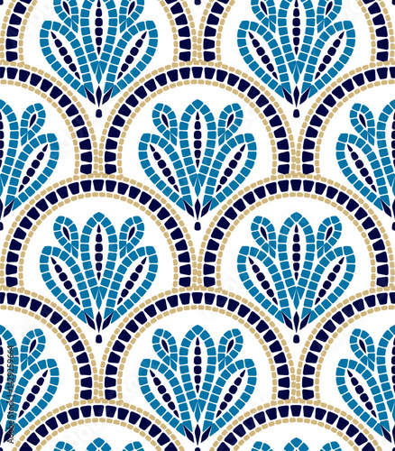 Seamless repeating pattern of stylized mosaic flowers on a white background.