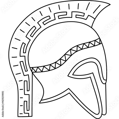 Lovely outline Greek Spartan helmet with mohawk and hellenic ornaments. Hand drawn line gladiator head armor for fighting club, knight tournament. Trendy antique military headwear of Roman warrior.