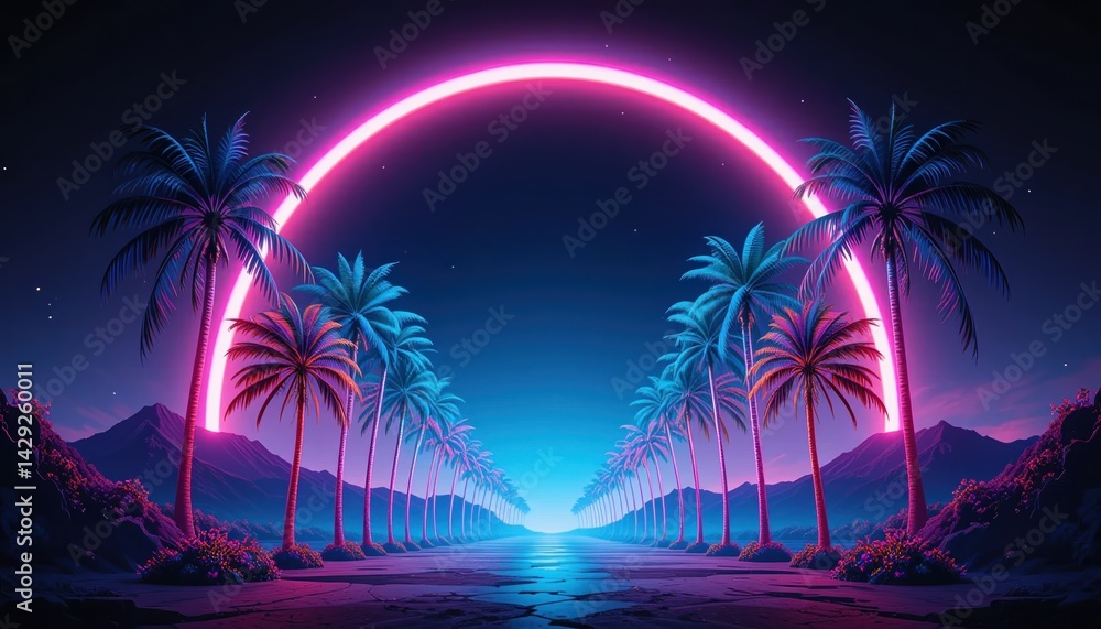 Fototapeta premium Vibrant neon sunset over palm trees tropical beach digital art nighttime scene futuristic vibe