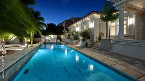 Wallpaper Mural Night view of a luxurious, elongated pool, adjacent to a grand, Mediterranean-style residence, illuminated beautifully Torontodigital.ca