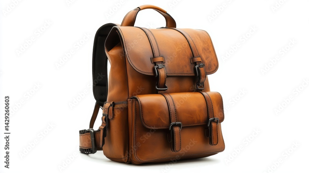 Naklejka premium Luxury leather travel backpack with minimalist design, perfect for business trips, isolate on white background