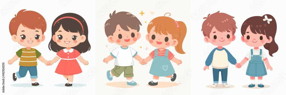 set vector happy kids holding hands set vector happy kids holding hands