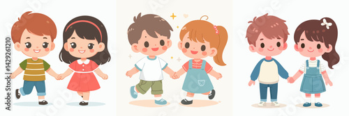 set vector happy kids holding hands