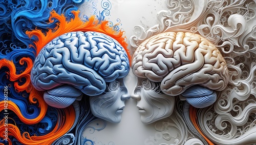 Surreal brain tree in a desolate land and a determined person watering it using a sprinkling can. Man splashes the green shrub using a water pot, taking care of mental health. Human mind concept