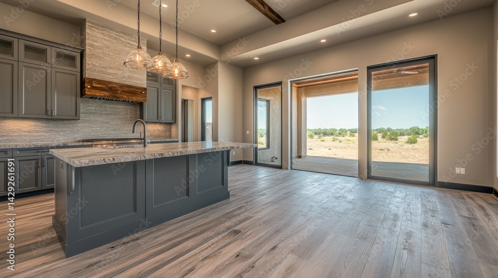 Fototapeta premium Spacious, modern kitchen with expansive patio views.