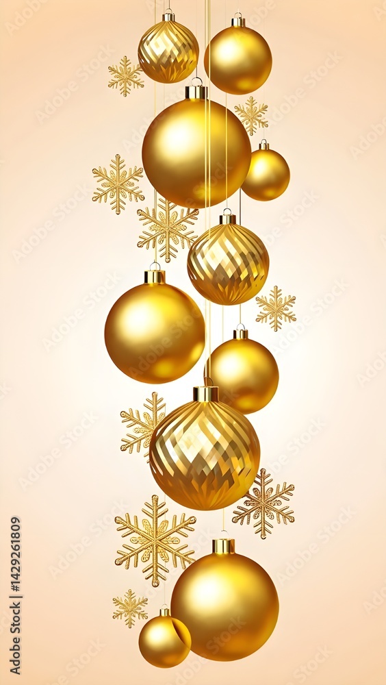Golden Christmas Ornaments and Snowflakes Display Golden Christmas Ornaments and Snowflakes Display