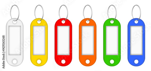 Set of multicolored key tags with split ring and window. White, yellow, red, orange, green and blue labels. Keyring, keychain