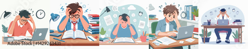 vector set of young men stressed while studying
