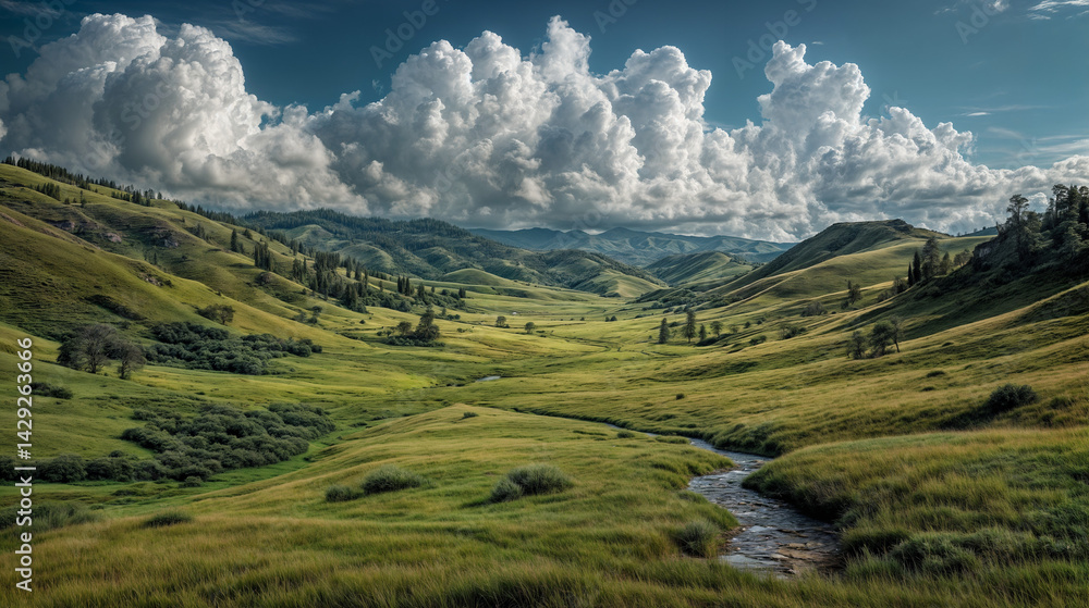 The image captures a picturesque landscape featuring rolling green hills, a small stream, and a dramatic sky with large, fluffy clouds