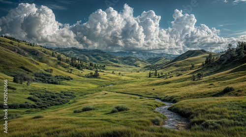 Obraz na płótnie The image captures a picturesque landscape featuring rolling green hills, a small stream, and a dramatic sky with large, fluffy clouds w salonie