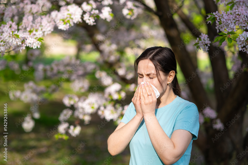 Woman sneezing into tissue in blooming garden, seasonal allergy symptoms during springtime Woman sneezing into tissue in blooming garden, seasonal allergy symptoms during springtime