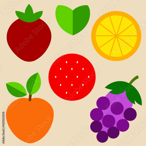 Flat design fruit icons: strawberry, orange, grape