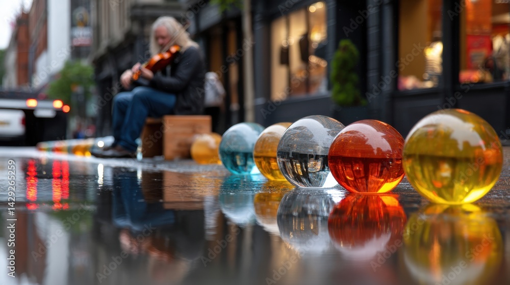 Street musician playing violin beside colorful glass spheres on wet pavement in city evening scene Street musician playing violin beside colorful glass spheres on wet pavement in city evening scene