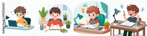 set vector kids happy while studying