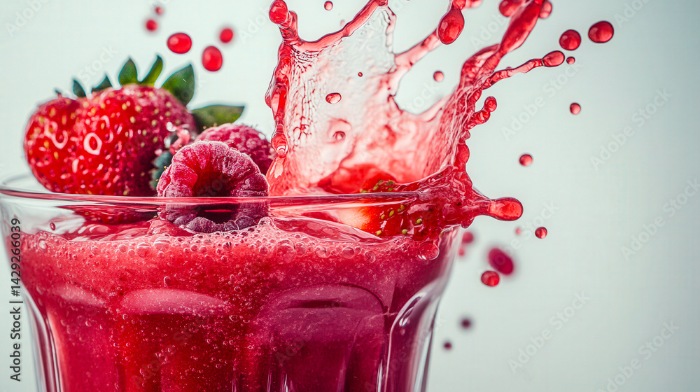 Red drink with strawberry and raspberry splashing out Red drink with strawberry and raspberry splashing out
