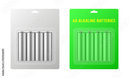 AA alkaline batteries in a package with transparent window and hanging hole. Realistic mockup