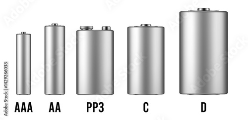 Silver battery mockup. Set of different types of alkaline batteries. AAA, AA, PP3, C and D types. Realistic vector illustration