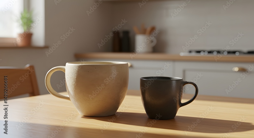 Fototapeta premium Large and small mugs on kitchen table in warm daylight
