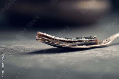 Close Up of Fish Slice on Metal Spoon Against Blurred Background