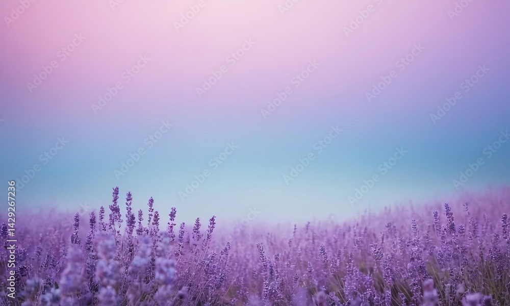 Dreamy lavender field under a soft pastel sky creates a tranquil scene Dreamy lavender field under a soft pastel sky creates a tranquil scene