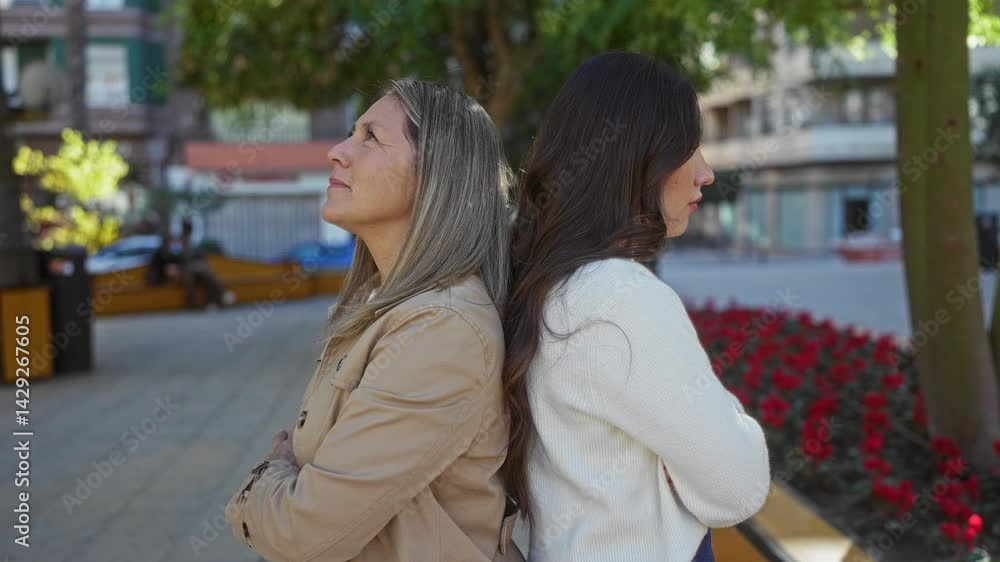 Mother and daughter stand back to back in an outdoor urban park setting, showcasing family bond and diversity. Mother and daughter stand back to back in an outdoor urban park setting, showcasing family bond and diversity.