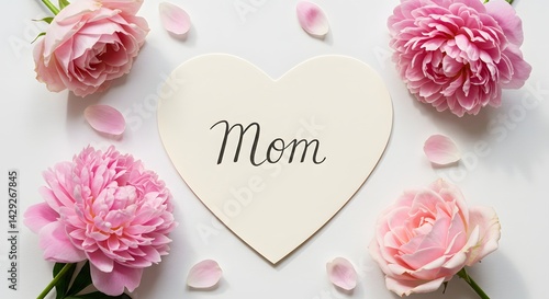 Wallpaper Mural Handwritten “Mom” on heart card with pink flowers on white Torontodigital.ca