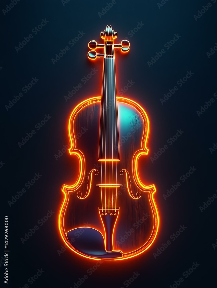 Fototapeta premium Neon violin illuminated in dark background.