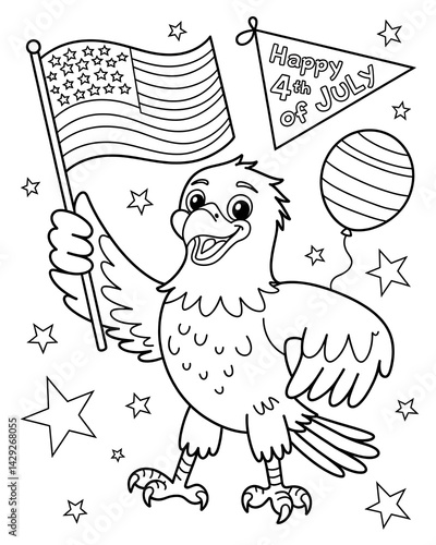 Patriotic Cartoon Eagle Holding Pizza Slice with American Flag - Fourth of July Themed Coloring Book Illustration