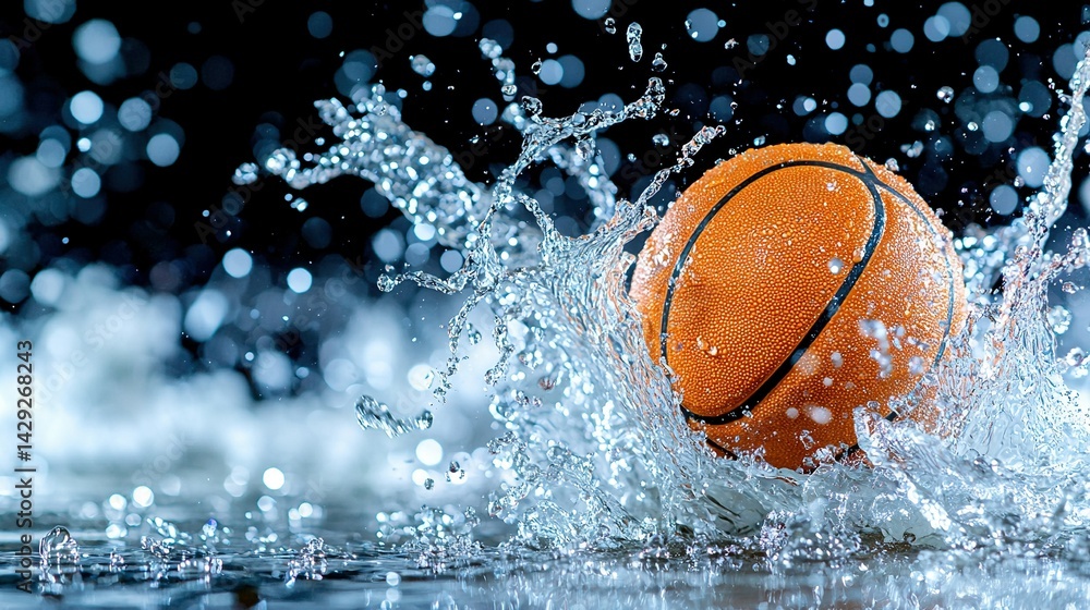 An image depicts an orange basketball bouncing off a water surface, against a monochrome backdrop featuring droplets of water on the ground An image depicts an orange basketball bouncing off a water surface, against a monochrome backdrop featuring droplets of water on the ground