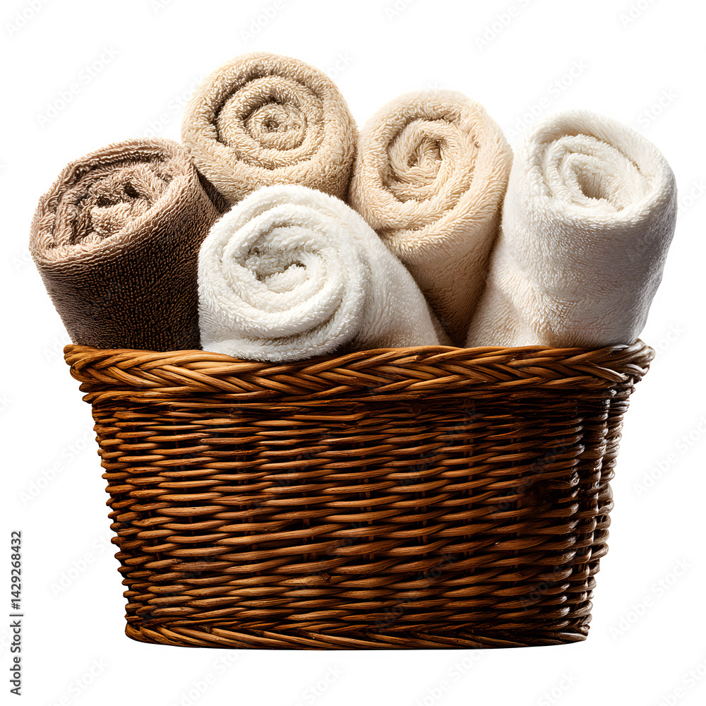 wide angle image of a rattan basket filled with rolled summer towels, isolated on white background, no shadows wide angle image of a rattan basket filled with rolled summer towels, isolated on white background, no shadows