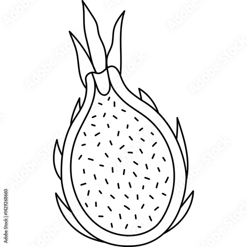 Lovely doodle dragon fruit cut in half with juicy pulp and small seeds. Childish exotic sweet food isolated in white background. Summery and tropic fruit outline doodle for design and print.