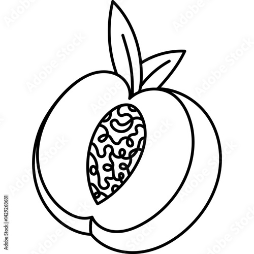 Lovely outline peach cut in half with pit and leaves. Childish summertime fruit from tropics with sweet juicy pulp isolated on white background. Trendy hand drawn doodle of vegetarian healthy food.
