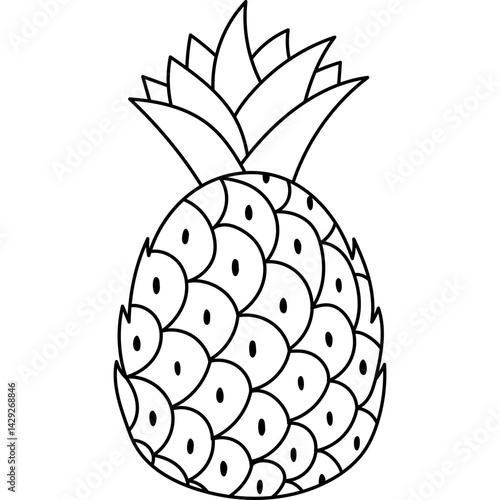 Lovely outline tropical pineapple with hand drawn line. Black and white doodle of summertime exotic fruit for poster, design, social media, print. Healthy vegetarian yummy food isolated on background.