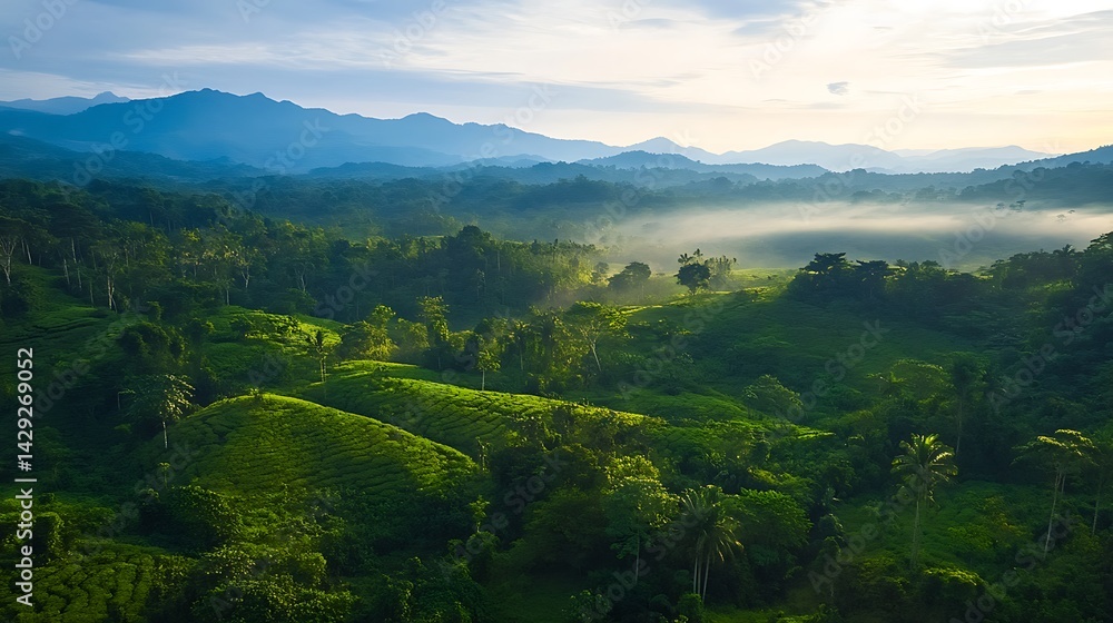 Obraz premium Lush tropical landscape unfolds in a valley.