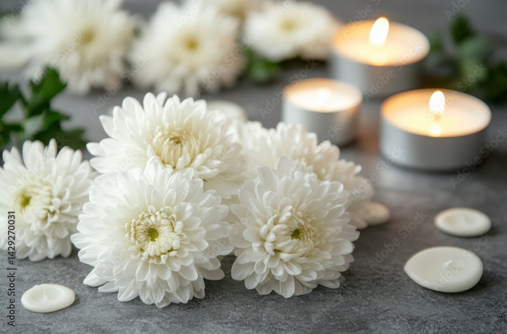 Still life with glowing white candles and fresh white chrysanthemums Still life with glowing white candles and fresh white chrysanthemums