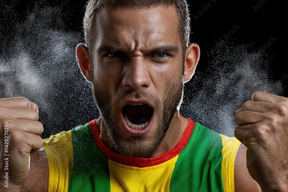 Young man expressing determination with intense facial expression and clenched fists against dark background