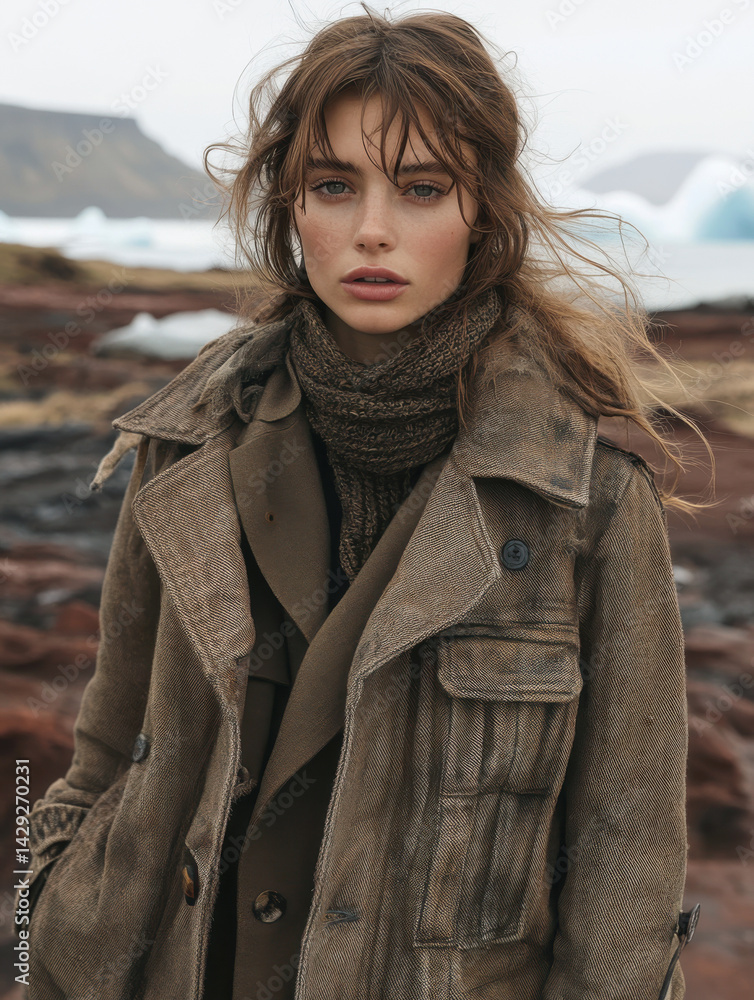 Young woman in rustic jacket standing outdoors with scenic background of rocks and sea