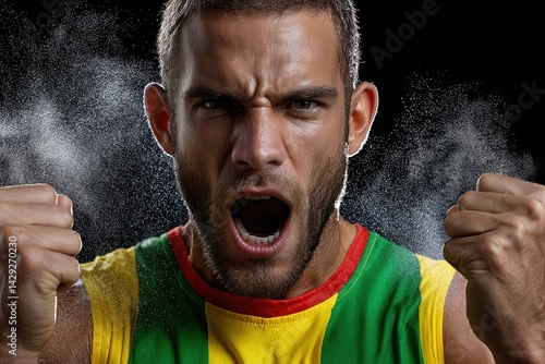 Obraz na płótnie Young man expressing determination with intense facial expression and clenched fists against dark background w salonie
