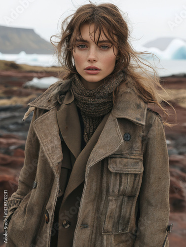 Young woman in rustic jacket standing outdoors with scenic background of rocks and sea