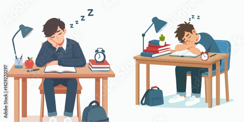 set vector teenagers falling asleep while studying