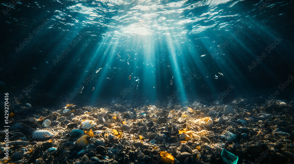 Sunlight piercing ocean waters illuminates underwater seabed covered in marine debris and pollution