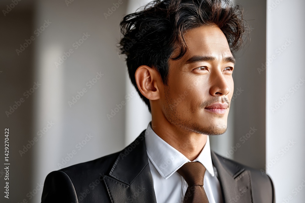 Elegant young asian man in suit looking out of window in contemplation