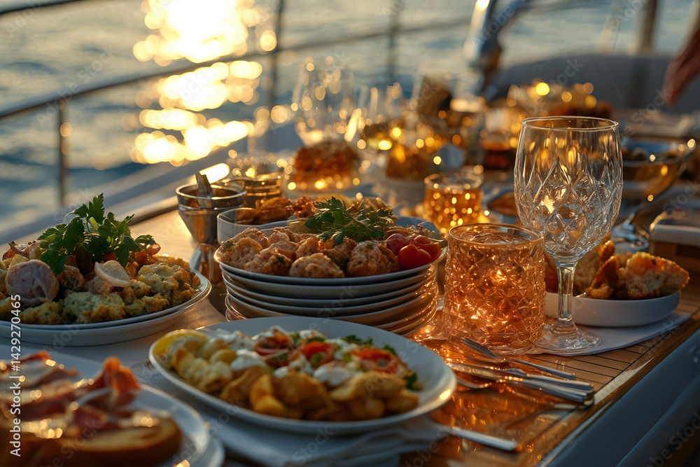 Elegant sunset dinner on yacht with gourmet cuisine and crystal glassware amidst ocean views