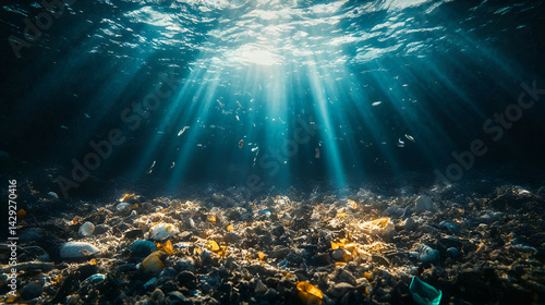 Obraz na płótnie Sunlight piercing ocean waters illuminates underwater seabed covered in marine debris and pollution w salonie