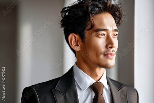 Obraz na płótnie Elegant young asian man in suit looking out of window in contemplation w salonie