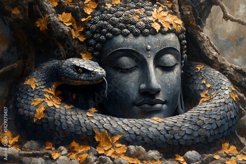 Obraz na płótnie Serene buddha face enveloped by serpent and autumn leaves in tranquil forest setting w salonie