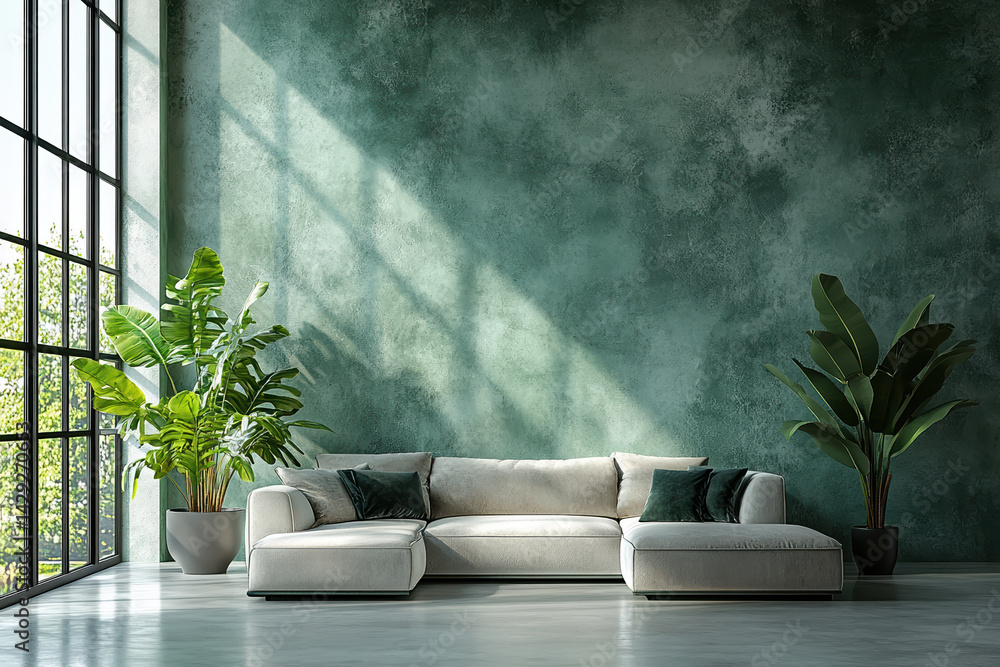 Modern minimalist living room with green accent wall, comfortable sofa, and indoor plants near large windows