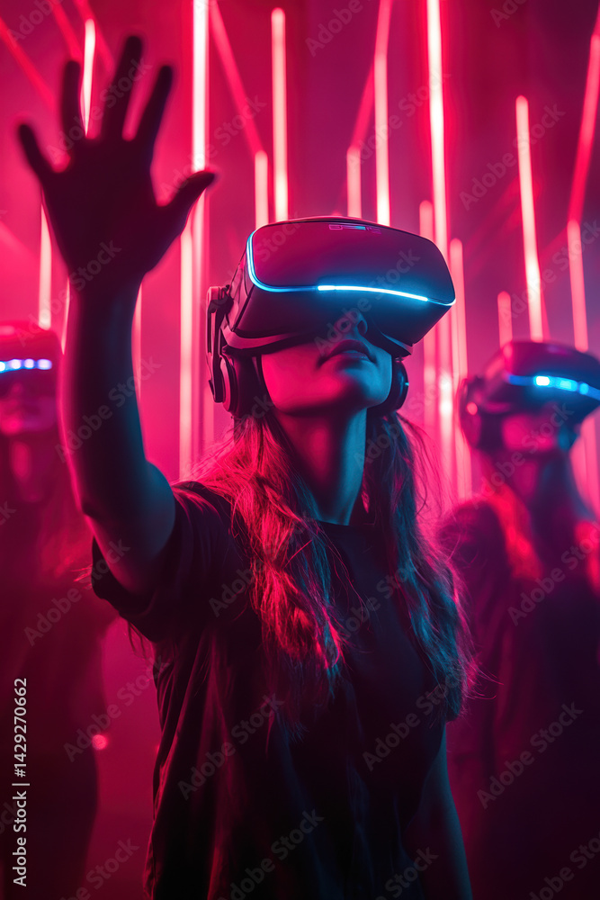 Young woman experiencing virtual reality with vr headset in futuristic neon environment