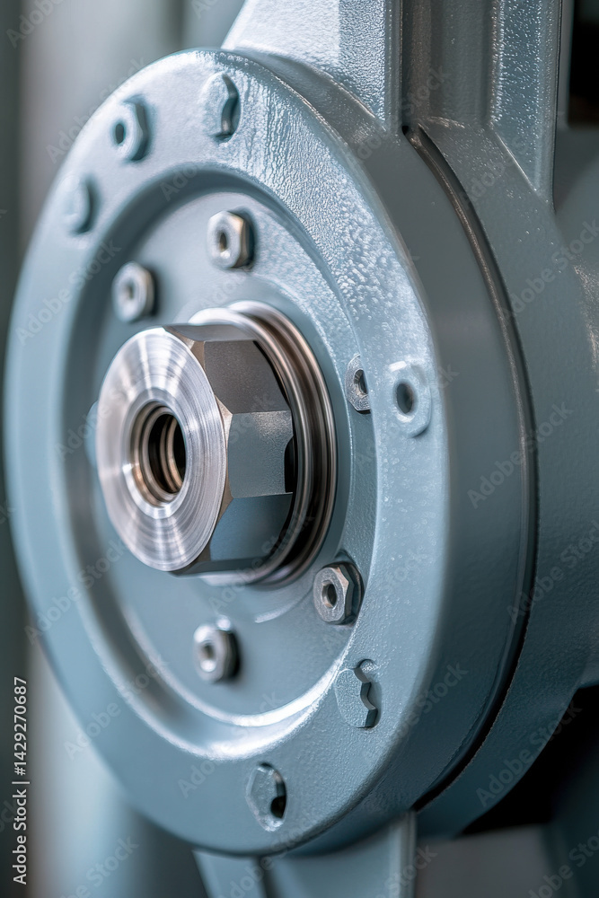 Close-up of industrial machinery metal gear with bolts and nuts in a factory setting