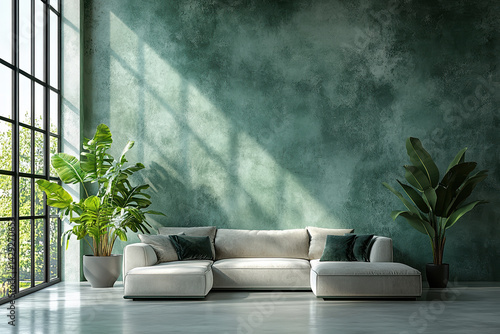 Obraz na płótnie Modern minimalist living room with green accent wall, comfortable sofa, and indoor plants near large windows w salonie